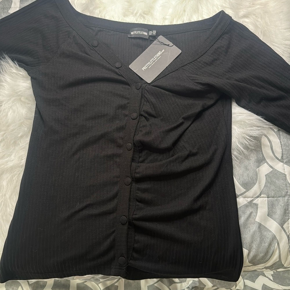 Plus black off shoulder button through top